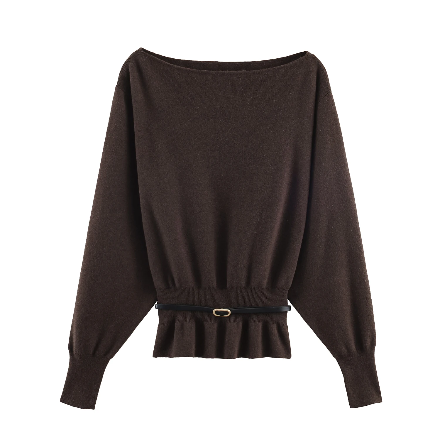 Casual Solid Belt Knitted Top Women Fashion Long Sleeved Round Neck Waist Cinching Pleated Tops 2026 Lady Chic High Street Wear