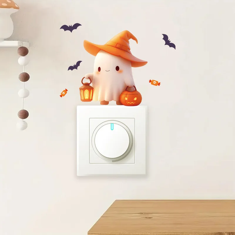 Cute Wizard Ghost Halloween Switch Sticker, Lantern Pumpkin Bucket Bat Candy Decal, Lovely Spooky Home Room Party Decorations
