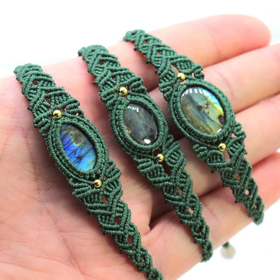 

Braided Macrame Spectrolie Crystal Stone Bracelets For Women Natural Labradorite Handmade Rope Weave Adjustable Bracelet Jewelry