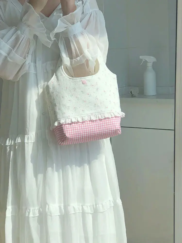 Korean Lace Plaid Flower Floral Handbag Tote Underarm Bags Women Commute Shoulder Bag