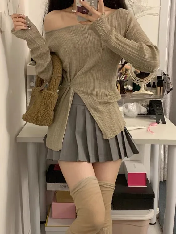 

Sexy Knitted One-oulder Slim Fit Women's Top Early Spring Faion Design Casual Commute Sle Pure Color Long Sve
