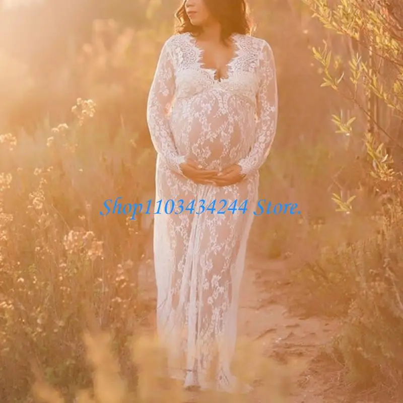  Breathable Maternity Long Sleeve V Neck Lace Sheer Fitted Dress Including Romance Train for Pregnancy Photos Parties view 4
