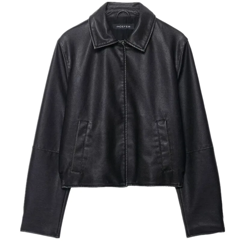 Kedatangan Baru Musim Gugur 2025 Jaket Luar Wanita Model Longgar Bahan Kulit Imitasi untuk Kerja, Kancing Panjang, Panjang Reguler