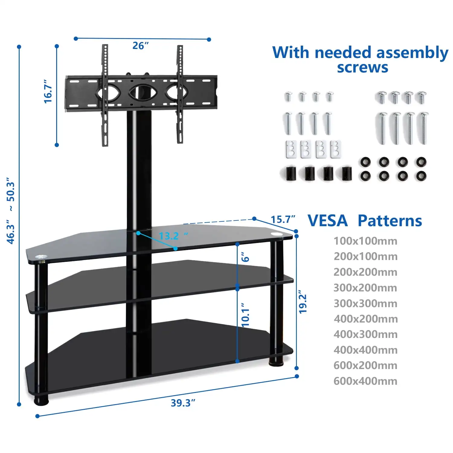 Modern 3-in-1 Flat TV Stand for TVs up to 65 inch, Black Glass Shelves with Swivel Mount Contemporary Style Black