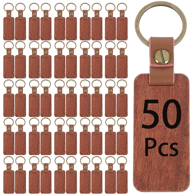 50Pcs Blanks Wood PU Leather Key Chains Wooden Keychain Keyring for DIY Car Ornament Gift