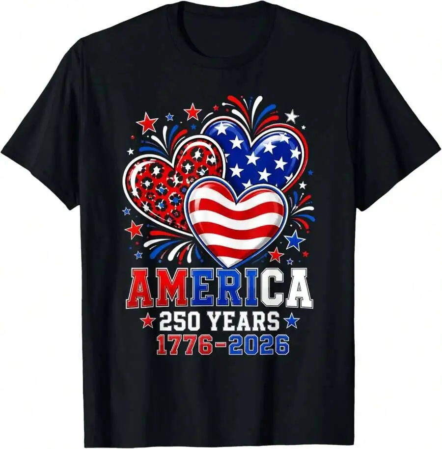 250Th Anniversary America Flag Heart 250 Year Women Girls T-Shirt 100% Cotton Trendy Y2K Short-Sleeve Tee-Soft, Quick-Drying,
