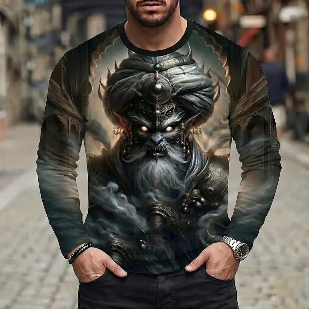 Fantasy Demon Lich Anubis Full Print Men Long Sleeve T-Shirt Gothic Dark Myth Graphic Crew Neck Casual Top