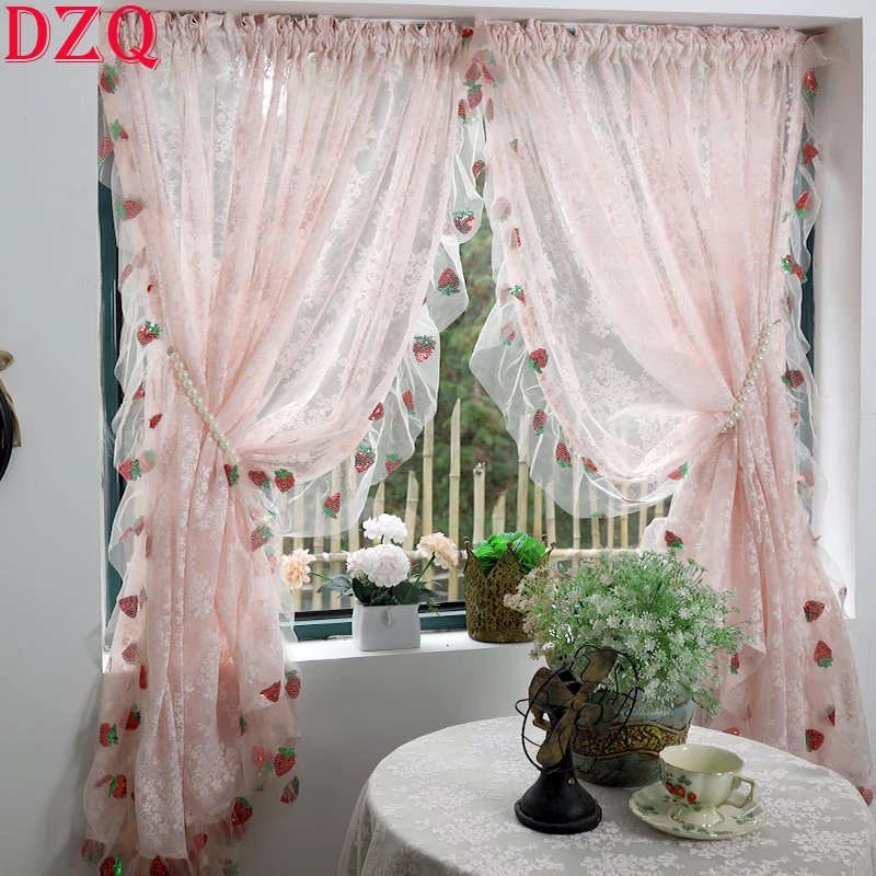 

Idyllic American Rural Strawberry Pink Tulle Door Curtains Lace Warp Ruffled Curtains for Kitchen Lace Roman Curtains #A398