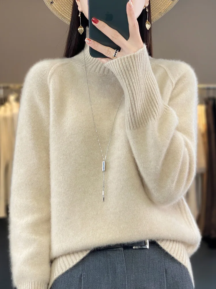 

Women 100% Merino Wool Sweater Mock Neck Cashmere Pullover Knitwear Solid Warm Thick Autumn Winter Casual Soft Clothing Tops