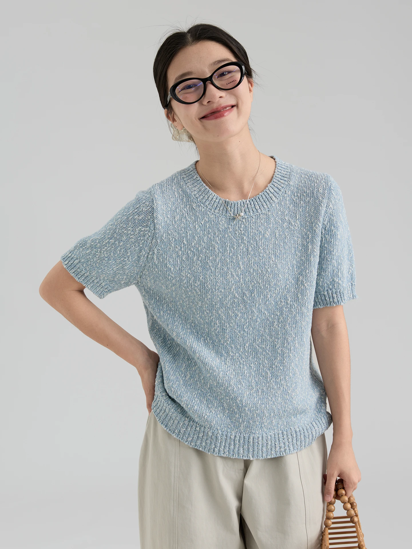 

Новинка! Женский вязаный топ Dwind Korean Sle Loose с коротким рукавом и круглым вырезом, универсальный, из смесового хлопка, весенняя коллекция.