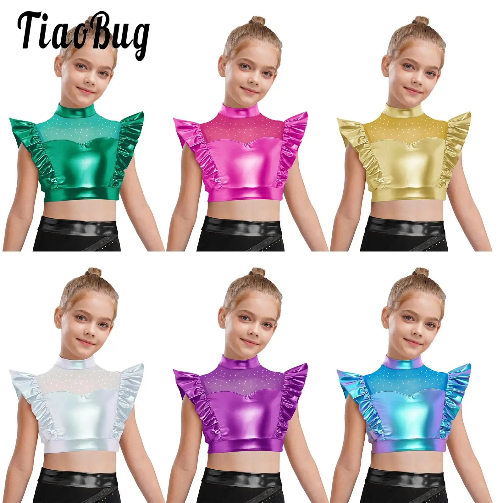 

Kids Girls Jazz Metallic Tank Tops Mesh Patchwork Rhinestone Sleeveless Shiny Ruffle Crop Tops Dance Vest Performance Dancewear