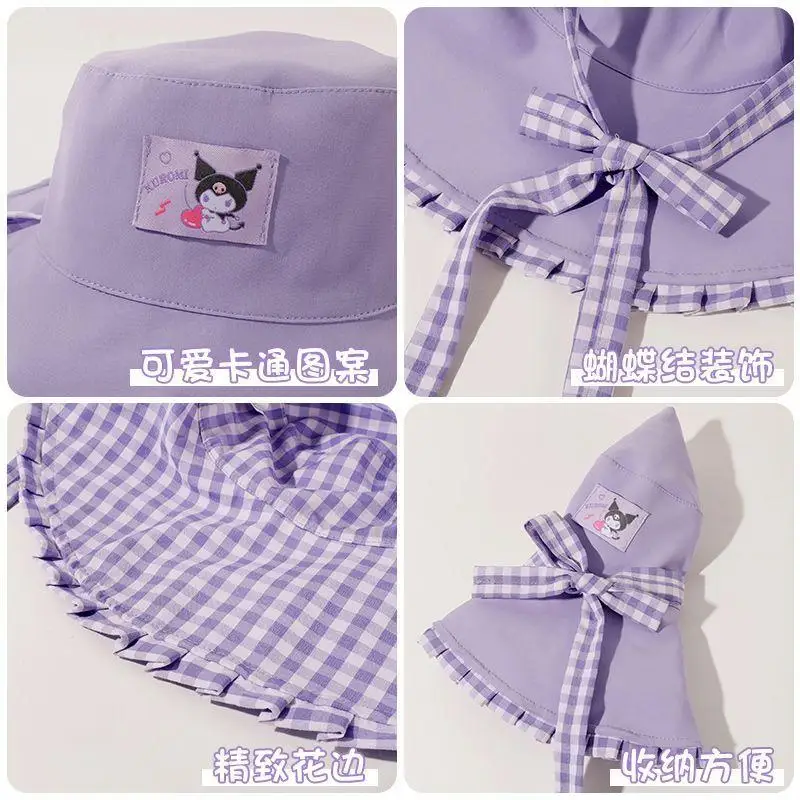 سانريو الأطفال صياد قبعة مرحبا كيتي كورومي Kawaii ظلة قبعة كبيرة حافة Upf الكرتون الترفيه التطريز شعرية فتاة قبعة