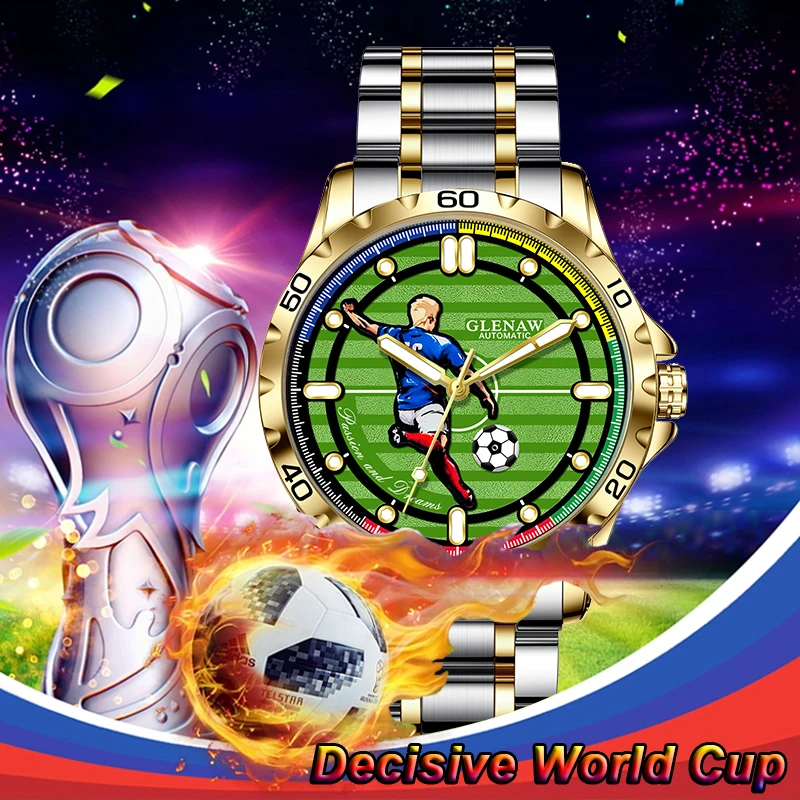 

GLENAW Design 2025 New Mechanical Watch Men Football Sports Style Stainless Steel Luminous Waterproof Men Watch Turning Football