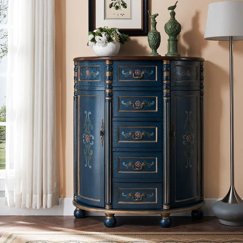

Solid Wood Semicircle Foyer Entrance Cabinet Corner Decorative Chest of Drawers Mediterranean Painted Storage Locker