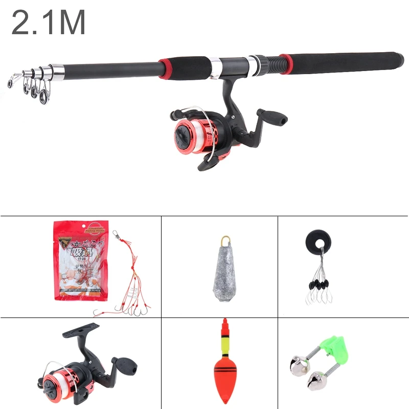 

2.1m Telescopic Fishing Rod Reel Line Combination Full Kits Spinning Reel Pole Set with Fishing Float Hooks Beads Bell