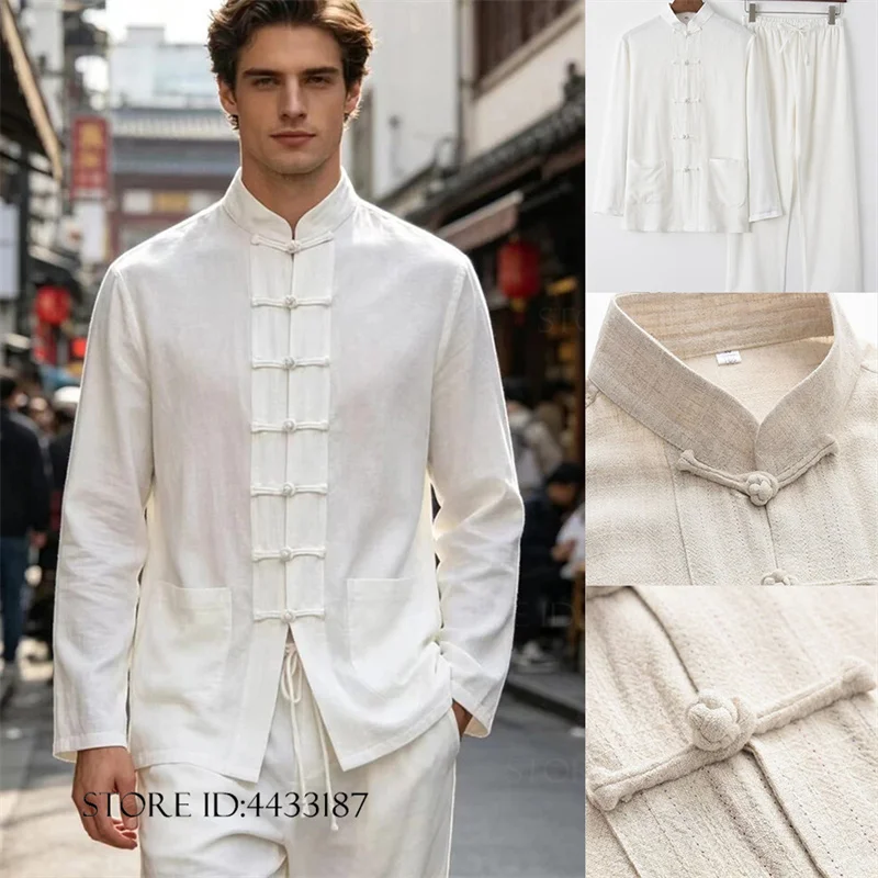 Plus Size 5XL Men's Tang Suit Traditional Chinese Costume Cotton Linen Kung Fu Tai Chi Set Spring Summer New Shirt Pants Uniform