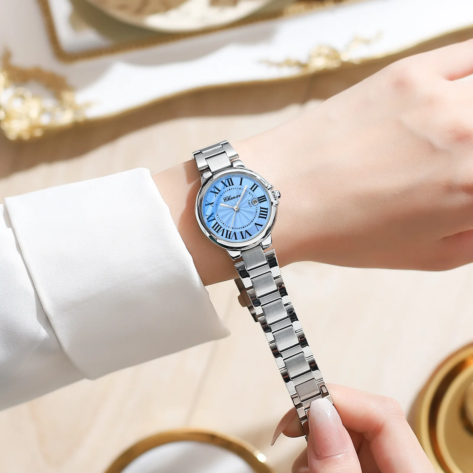 Chenxi 039 Paar Quartz Watche Luxe Mode Zilverachtig Roestvrij Staal Dames Polshorloges Voor Dames Heren Klok Geschenken