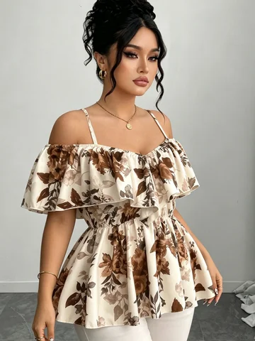 Plus Size Floral Off Shoulder Blouse Women Spaghetti Strap Ruffle Peplum Top Vintage Print Slim Waist Summer Casual Shirt
