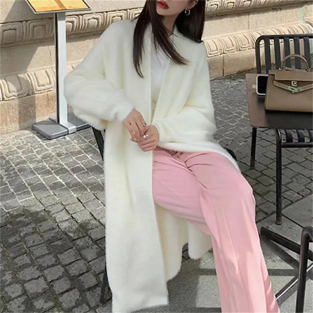 

Women Sweater Coat Collarless Batwing Long Sleeve Solid Color Knitting Cardigan Open Front Mid-length Knitwear