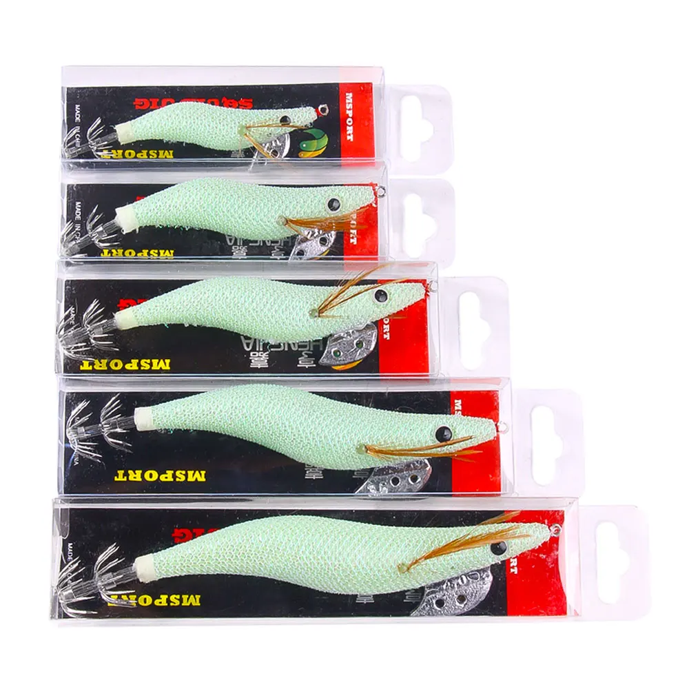 NEW UP 1PCS Fishing Lure Luminous Squid Jigs White Glow Wood Shrimp with Octopus Squid Jig Hooks Cuttlefish