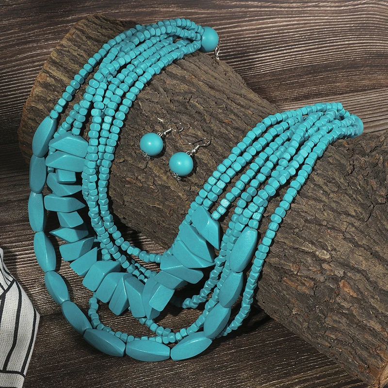 New 7 Multi Layer Handmade Round Wood Necklace Jewelry Set Vintage Statement Collar Boho Bib Beads Long African Jewelry Gifts