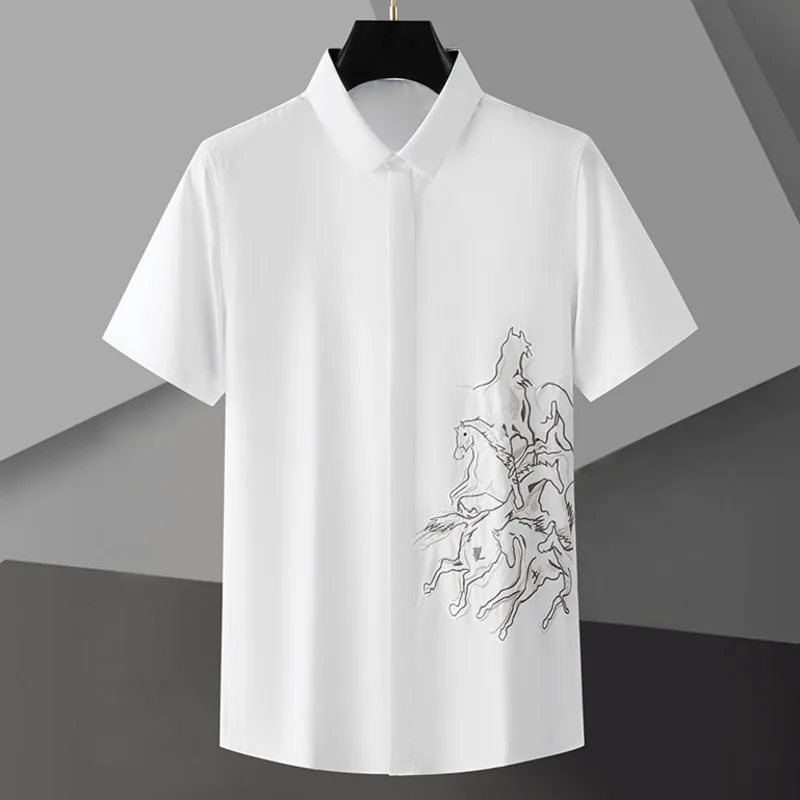 Symmetric Group Horse Embroidery Shirt For Men Summer Short Sleeved Slim Fit Casual Shirts Fashion Business Social Men Clothing