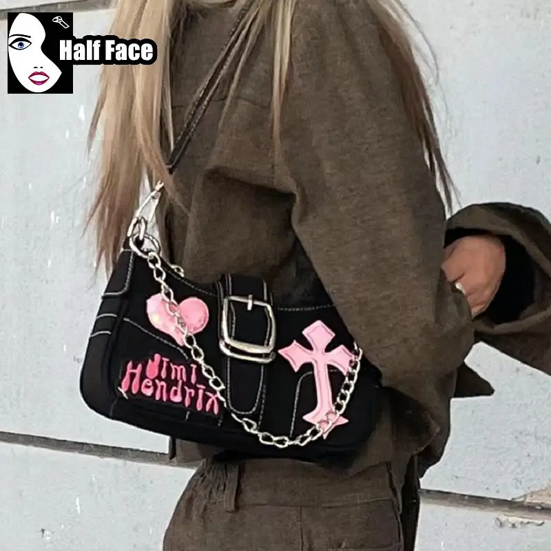 Y2K pikantne dziewczęce Harajuku damskie gotycki krzyż Punk z jednym ramieniem zaawansowane torby pod pachą Lolita projekt łańcucha torby Crossbody