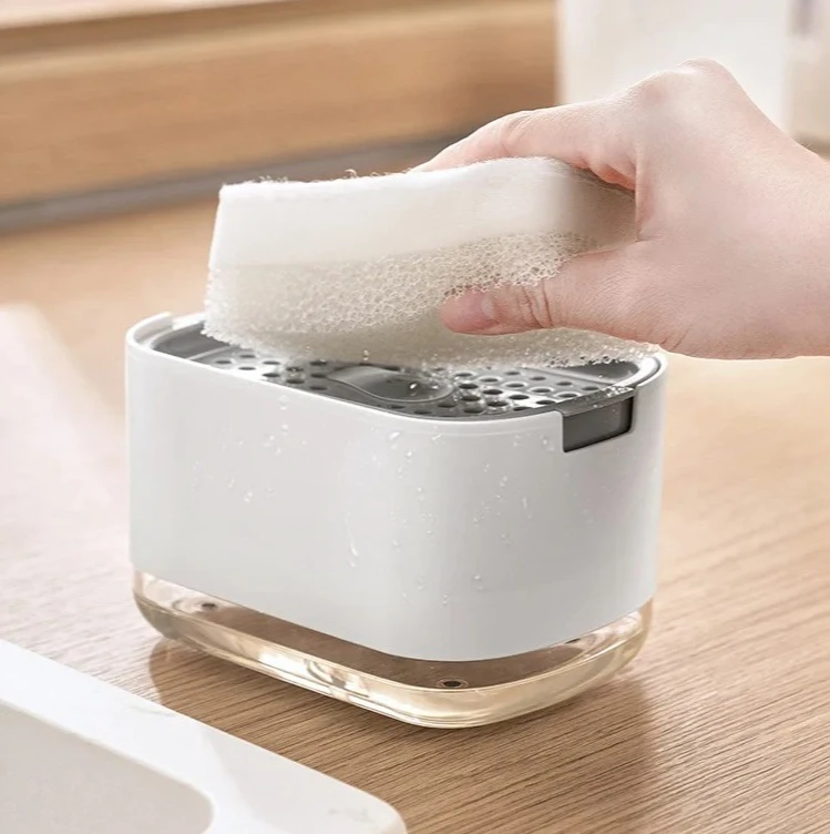 

Box with Sponge Holder Soap Dispenser Box Press Dispenser Scrubbing Liquid Container Kitchen Bathroom Automatic Detergent Foam