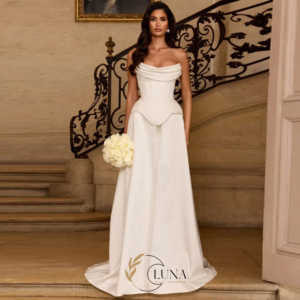 Luna Customized Elegant A Line Long Bridal Dress Strapless Satin Wedding Dress Floor-Length Bride's Gown