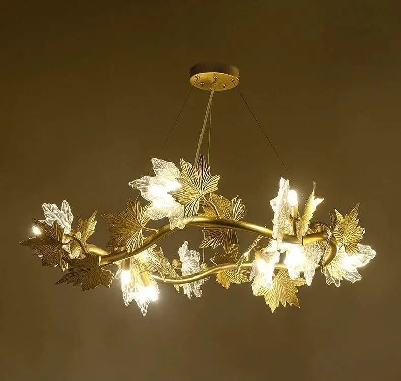 Crystal maple leaf luxury chandelier gold aluminum branch living room villa bedside corridor middle
