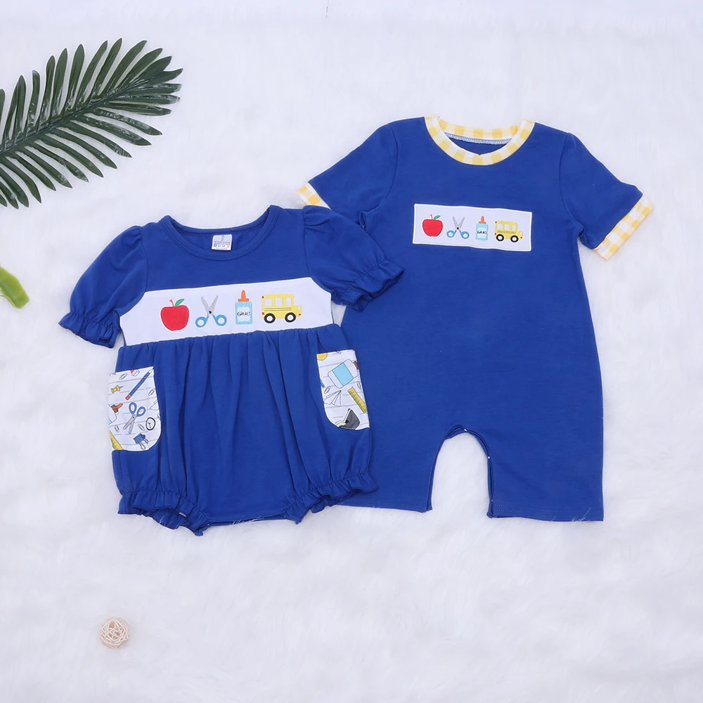 Back To School Season Blue Baby Girl And Boy Jumpsuit Pocket Decorate Bodysuit Apple embroidery Pattern One-Piece Clothes