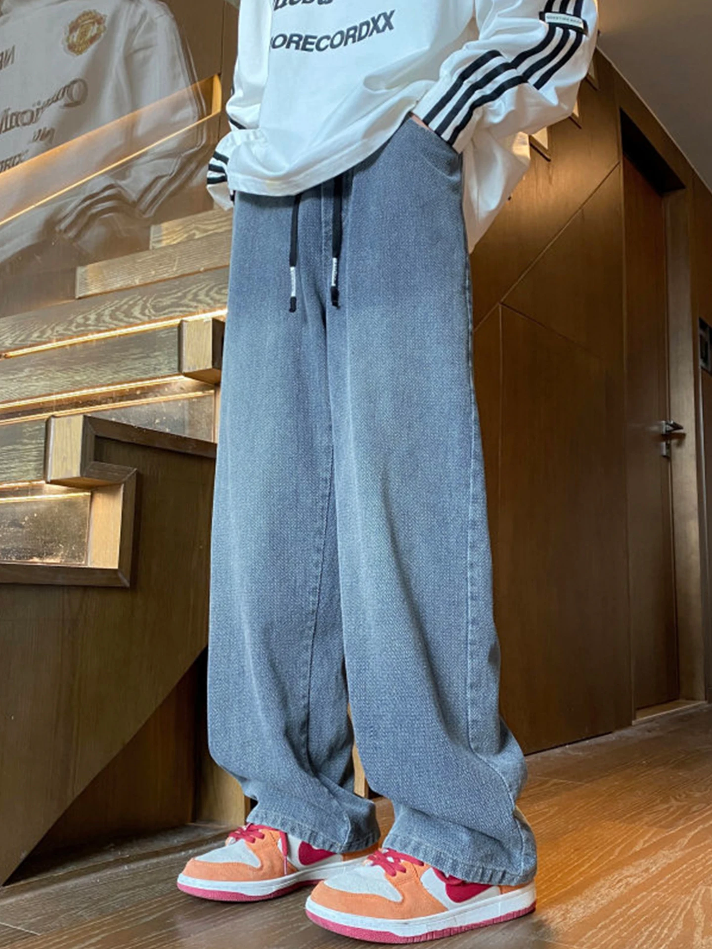 

Retro Waed Starry Night Denim Jeans Men's Straight Leg Loose Wide Leg Pants Autumn New Sle American High Street Trousers