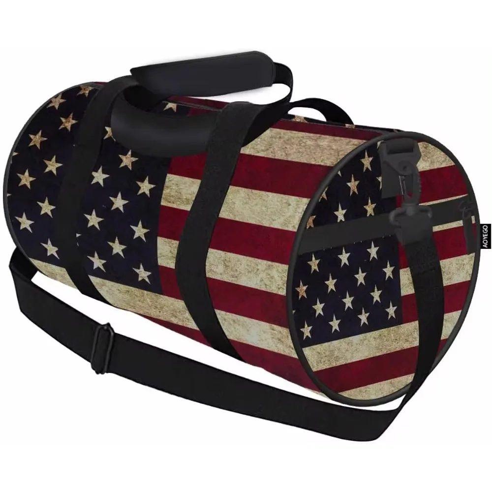 American Flag Sports Duffle Bag Retro USA Patriotic Striped Stars Men Women Weekender Bag for Traveling Tote Gym Shoulder Bag