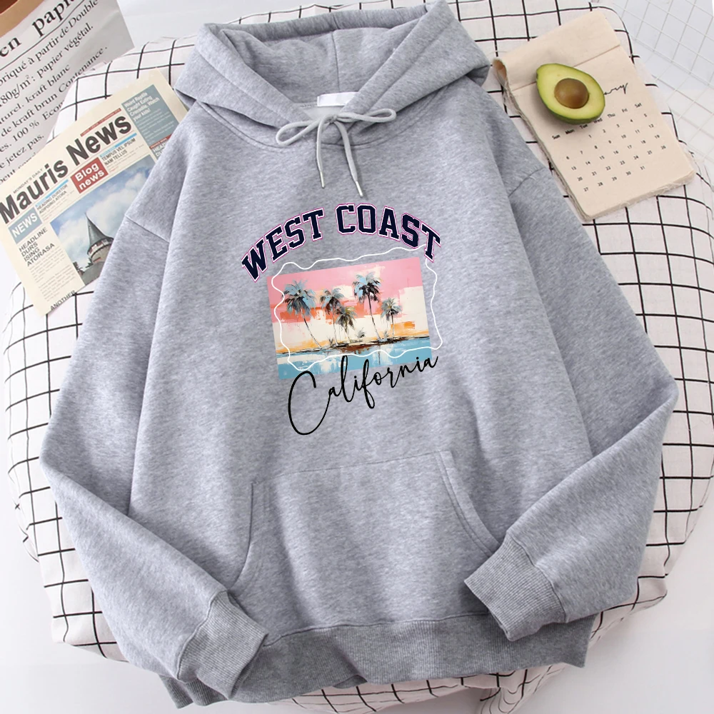 West Coast Landscape Print Mens Hoodie Casual Loose Hooded Simple Fleece Hoodies Street Crewneck Autumn Clothing