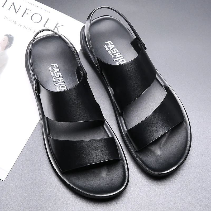 Men's Summer New Sandals and Slippers Men's Leather Sandals Adult Thick-soled Beach Shoes Non-slip Open-toe Leather Sandals