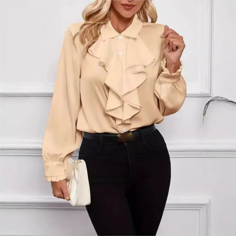 Boho Women\'s White Blouses Spring Fall Fashion Long Sleeve Ruffled Layered Decorative Casual Shirt For Women Office Top Clothing