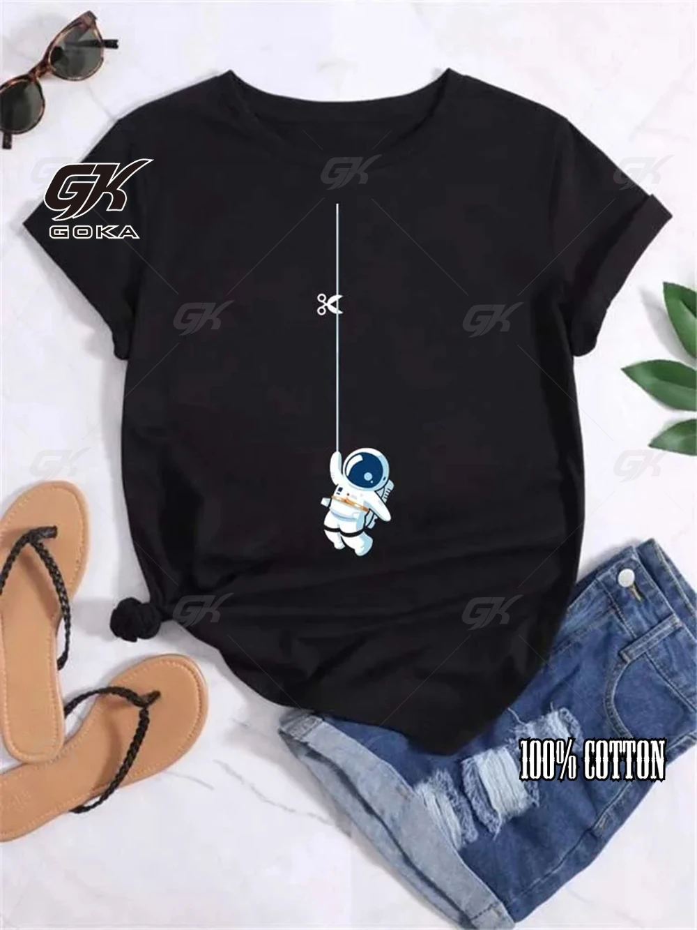 T-shirt manches courtes col rond femme, streetwear décontracté et à la mode avec lune et planète imprimée