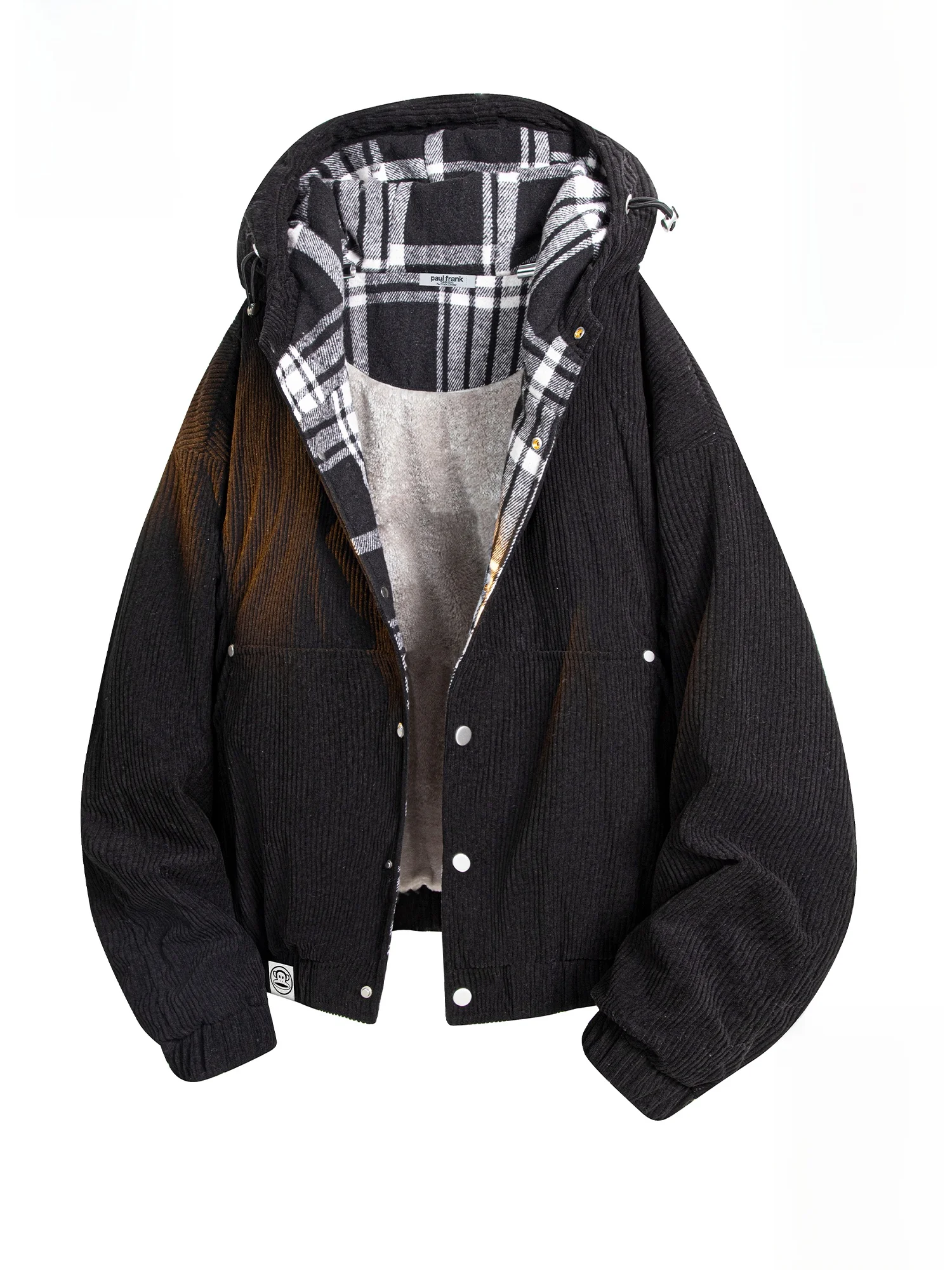 

PaulFrank Monkey Patchwork Plaid Hooded Jaet Men's Winter Corduroy Warm Casual Outerwear Youth Faion Zipper Closure Coat