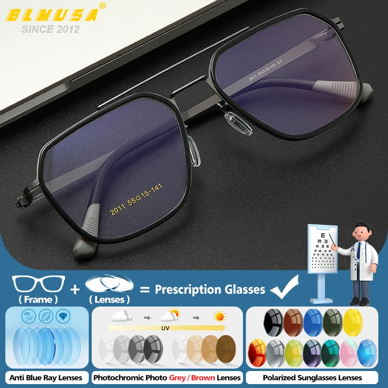 

BLMUSA Ultralight Fashion Pilot Photochromic Myopia Prescription Glasses Retro Men Women Anti Blue Light Progressive Eyeglasses