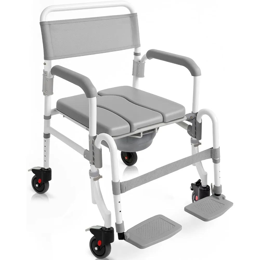 

Rolling Commode & Shower Chair with Wheels - 3 in 1 Transport Wheelchair for Inside Bathroom & Bedside - for Disabled Adults, E