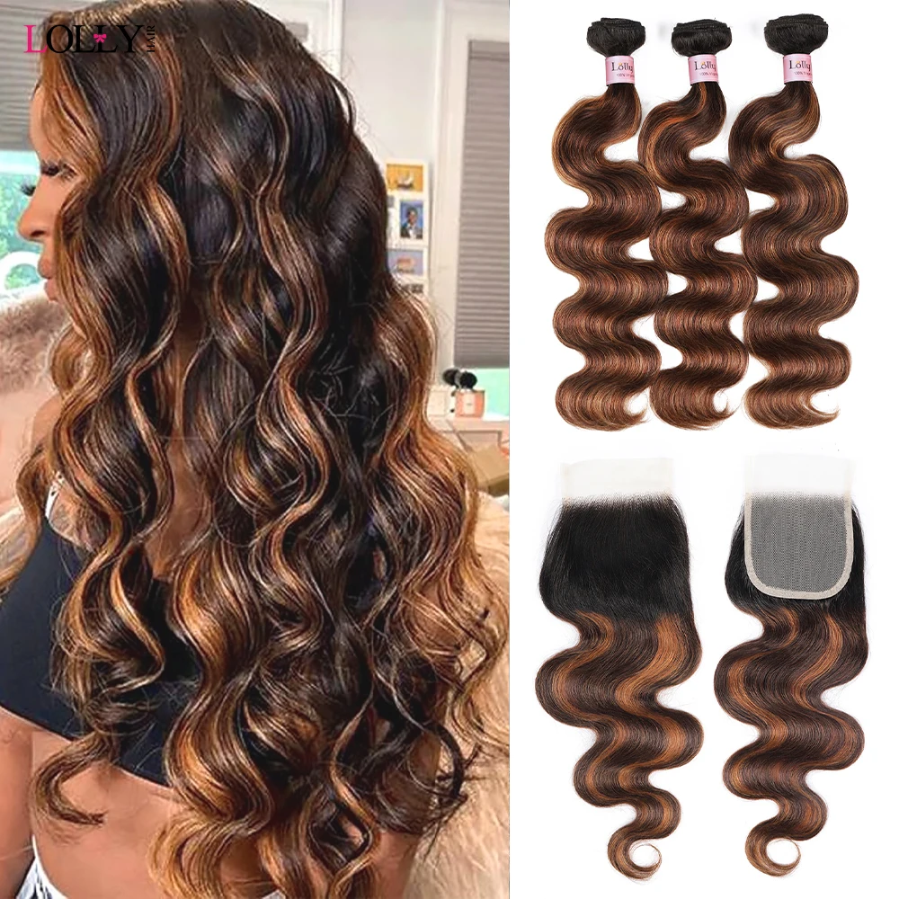 

FB 30 Brown Highlight Body Wave Bundles With Closure 3 Bundles With 4x4 Lace Closure Brazilian Remy Colored Hair Extensions