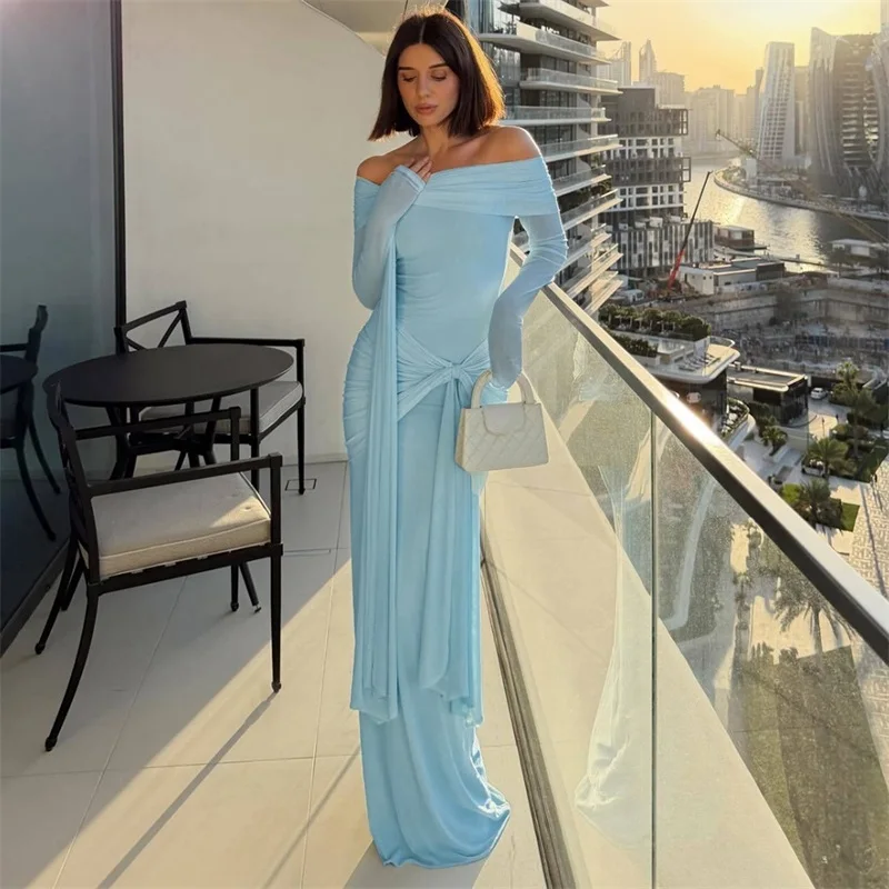 

Light Blue Prom Dress Sexy Off Shoulder Full Sleeves Ruffles Long Party Gown Casual Hot Girl Formal Wedding Birthday Robe