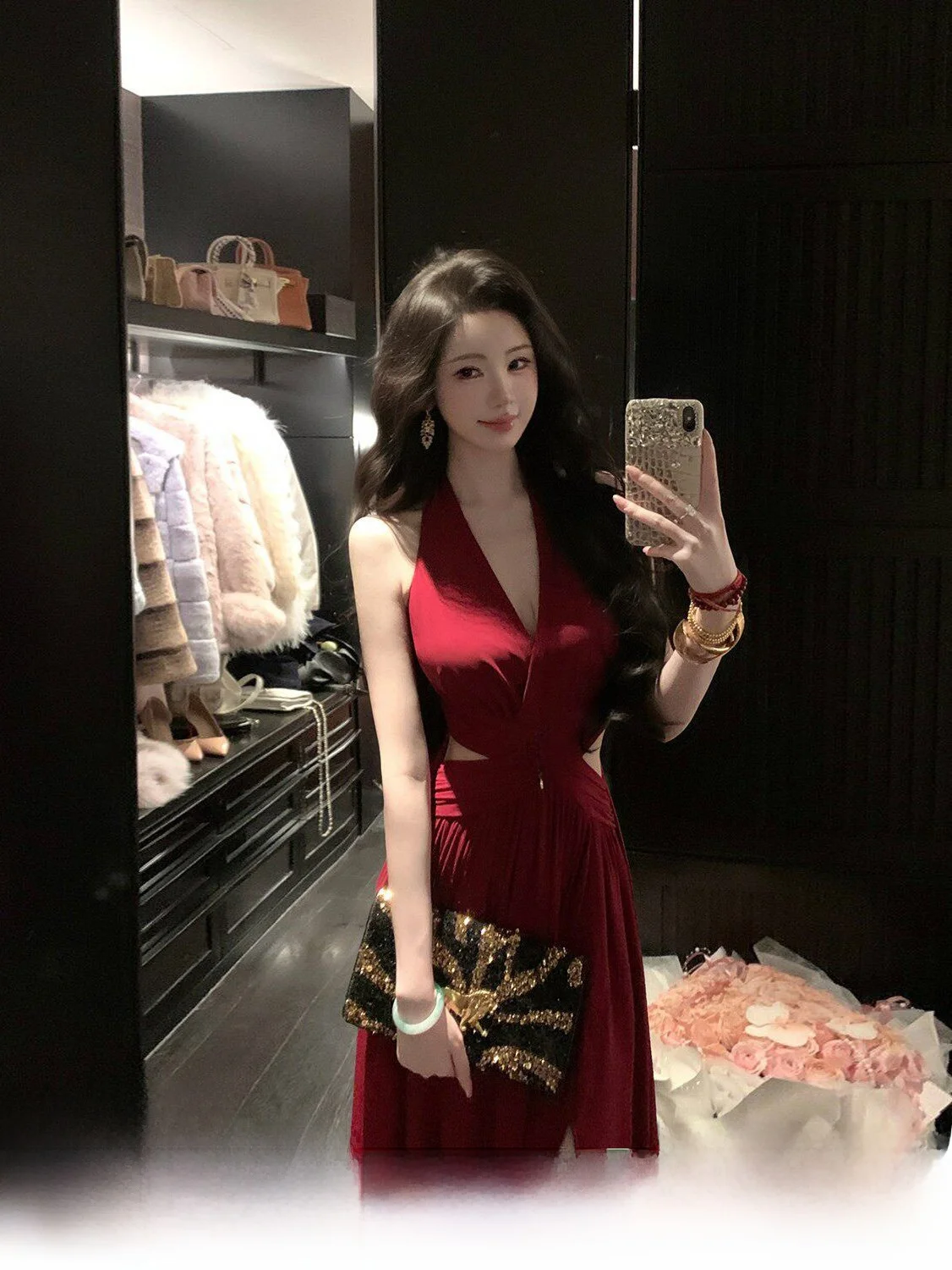 

Sy Sexy Hollow out Red Dr Hanging Ne Svel Waist Cinched V-Ne A-Line Skirt for Women Par Daily Wear