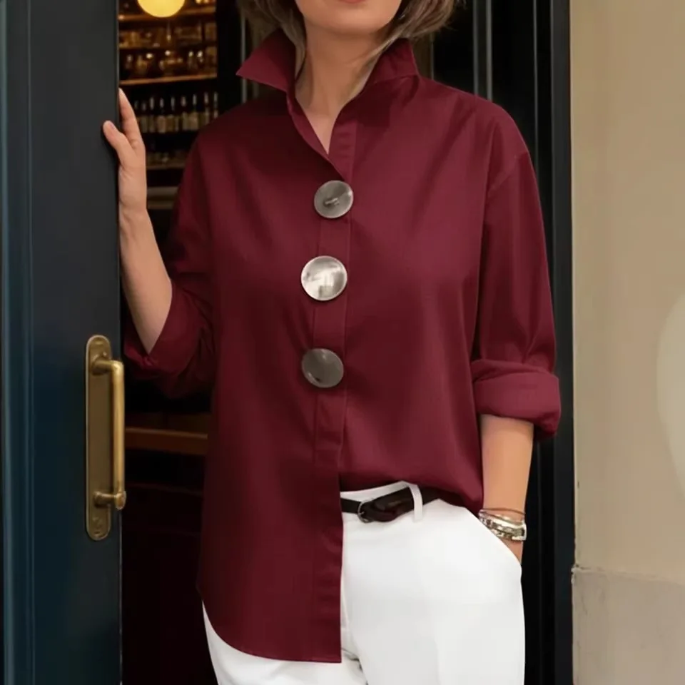 Atasan Kemeja Kasual Wanita Polos 2026 Musim Panas Baru Blus Longgar Berkerah Lengan Panjang Blus Elegan Kantor Trendi Blus Wanita