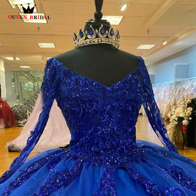 Vestidos de quinceañera azul real de lujo, cuello en V, apliques de encaje, vestido de baile, manga larga, 15 quinceañera, hecho a medida, LJ35