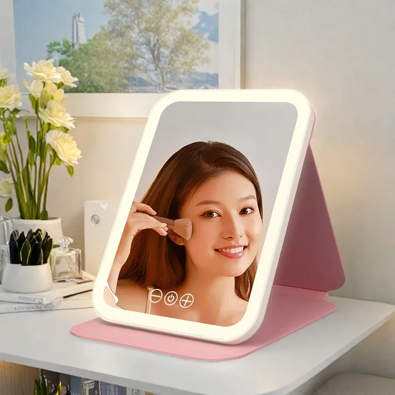Makeup mirror with lamp led portable desktop vertical dormitory home mirror pu leather mirror