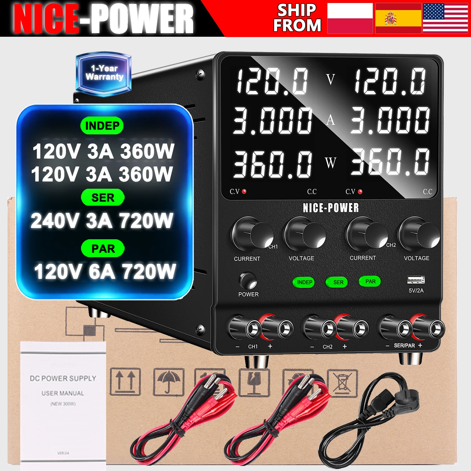 NICE-POWER Multi-kanaals DC-voeding Variabel 0-240V 0-20A Bench-voeding, dubbele onafhankelijke uitgang, serie en parallel - afbeelding 1