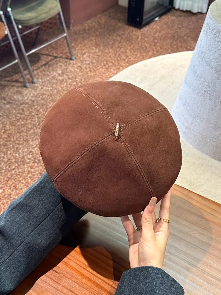 2024 Fashion 100% Real Leather Suede Beret Hat Women Fashion European Pumpkin Painter Caps Female Grey/Carame Boinas Para Mujer