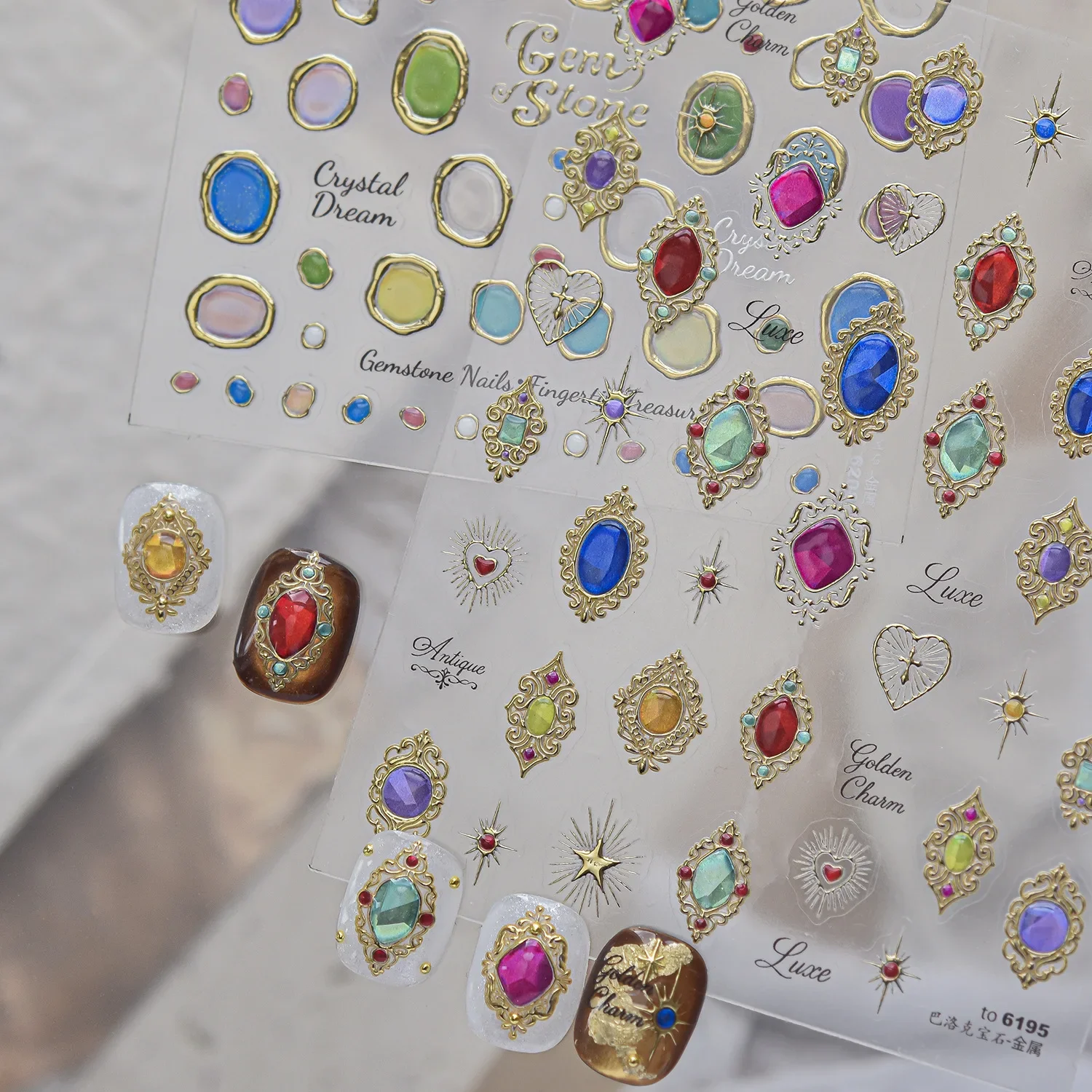 5D Colourful Gemstones Glossy Crystal Gold Stamping Circle Dreamy Window Scenery Adhesive Nail 3D Art Sticker Manicure Decal
