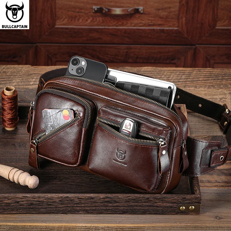 BULLCAPTAIN Men\'s Genuine Leather Chest Bag Outdoor Sports Shoulder Bag Multifunctional Large Capacity Waist Bag